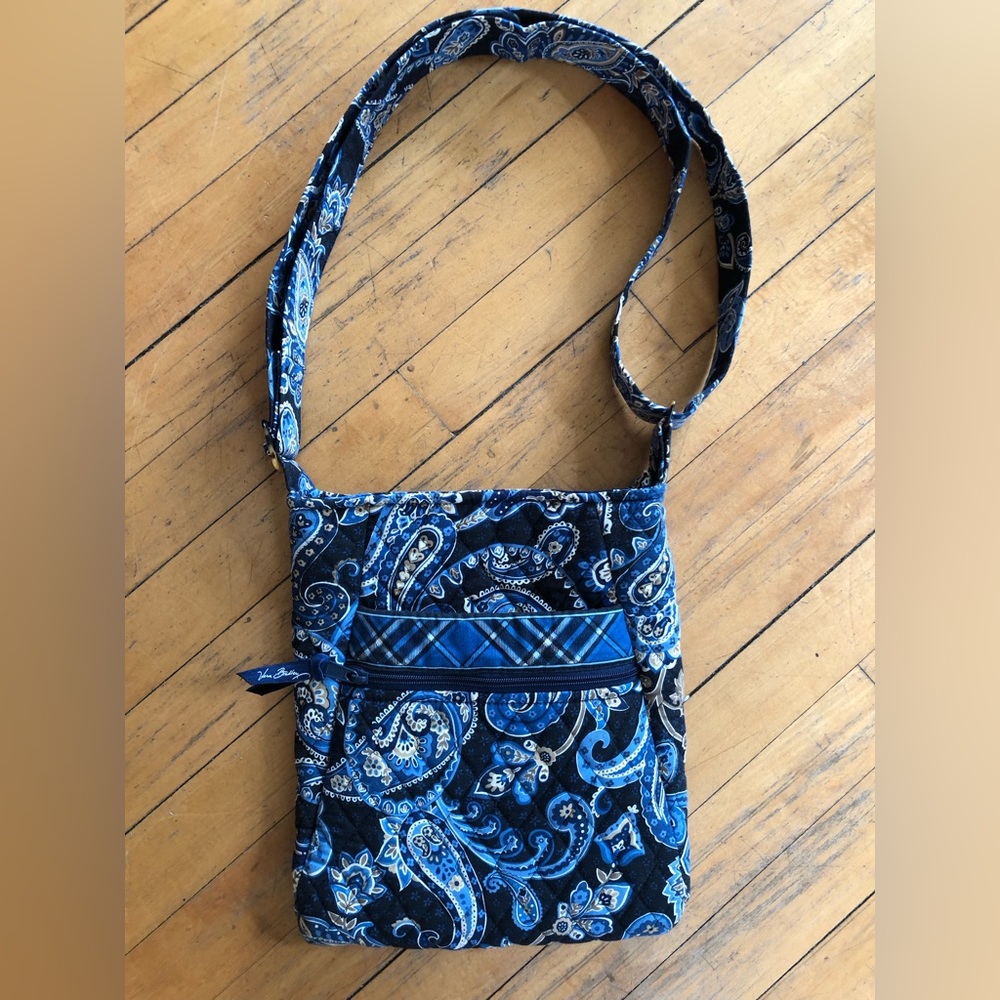 Vera Bradley cross body. Black/blue paisley w/plaid trim.